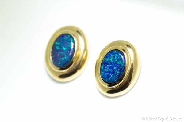 Gold Ningaloo earrings with black opal doublets (green blue)
