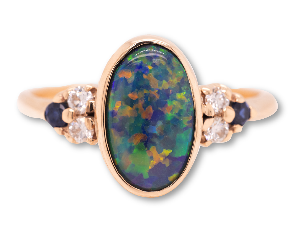 18 kt Yellow Gold Black Opal Engagement Ring with Diamonds and Sapphires