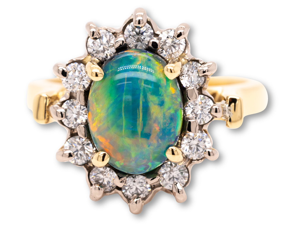 18 kt Yellow Gold Black Opal Engagement Ring with Diamonds