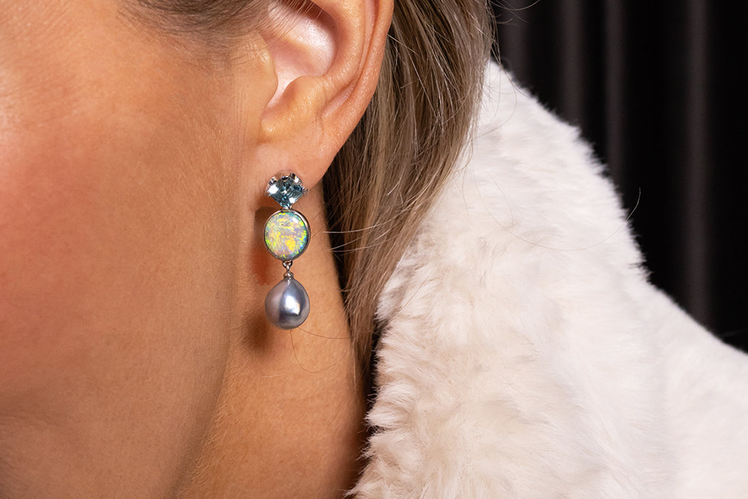 Pacifica — 18kt White Gold Dark Opal, Pearl & Blue Zircon Drop Earrings