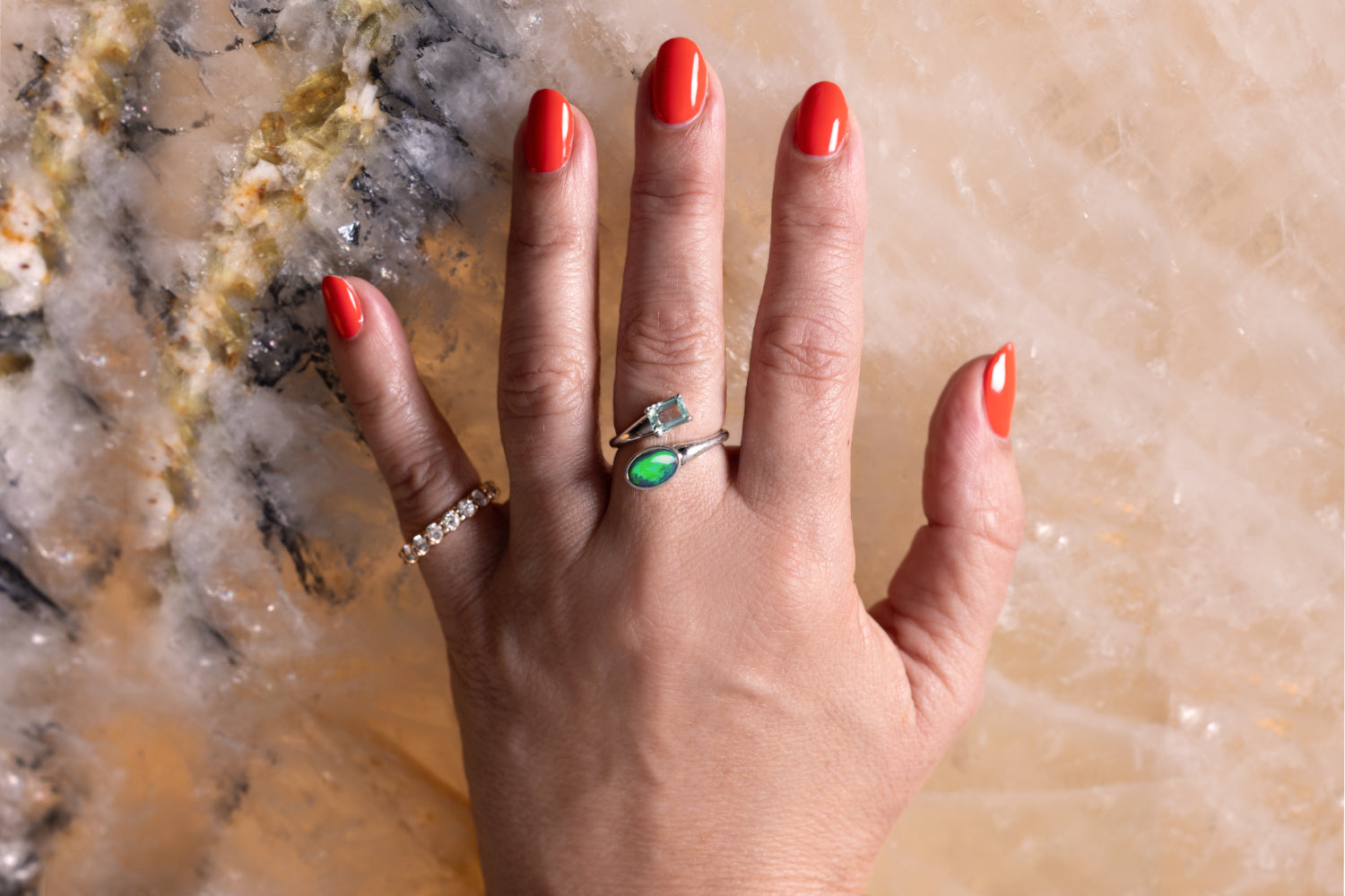 Spirit White Gold Ring — black opal & green beryl