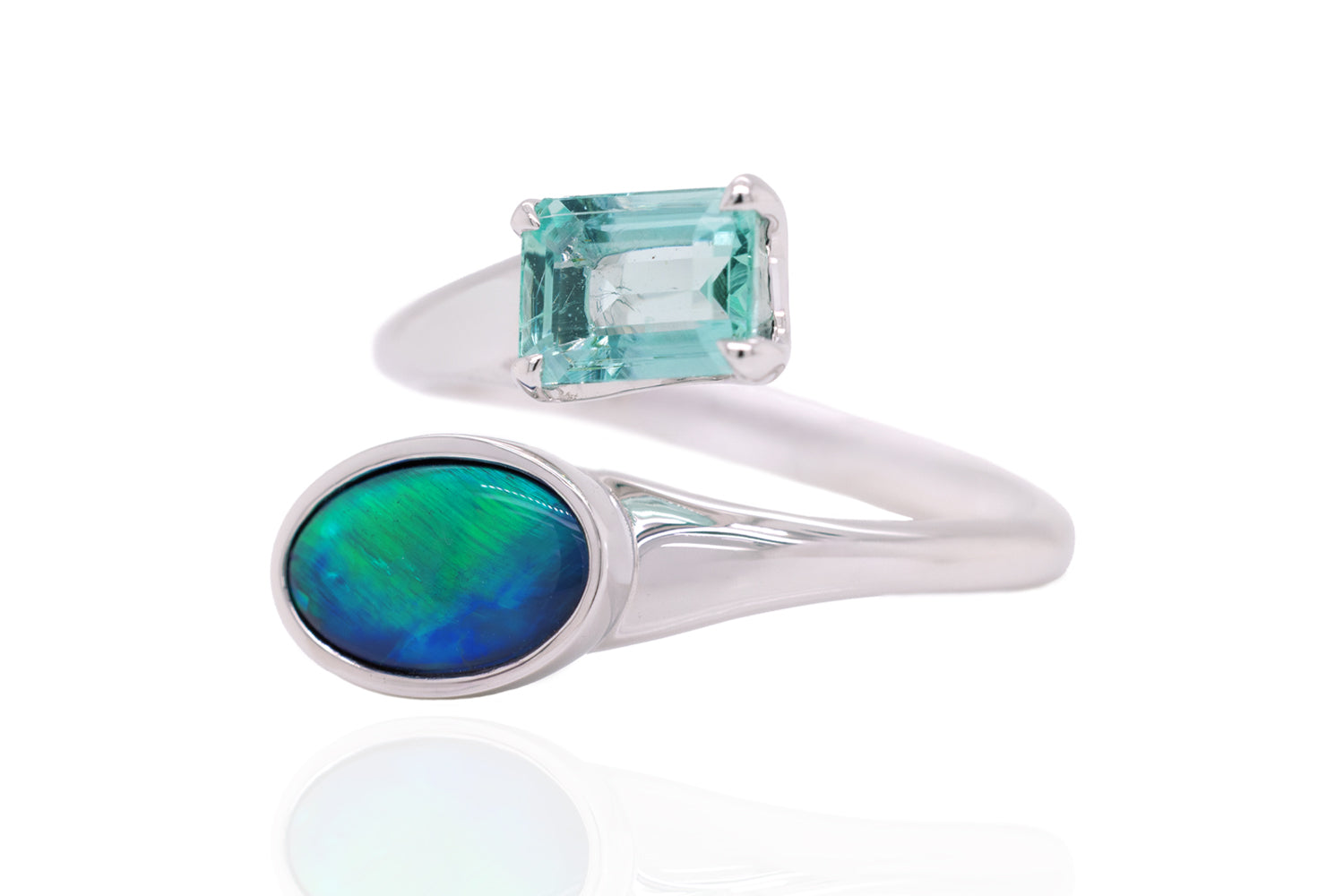 Spirit White Gold Ring — black opal & green beryl