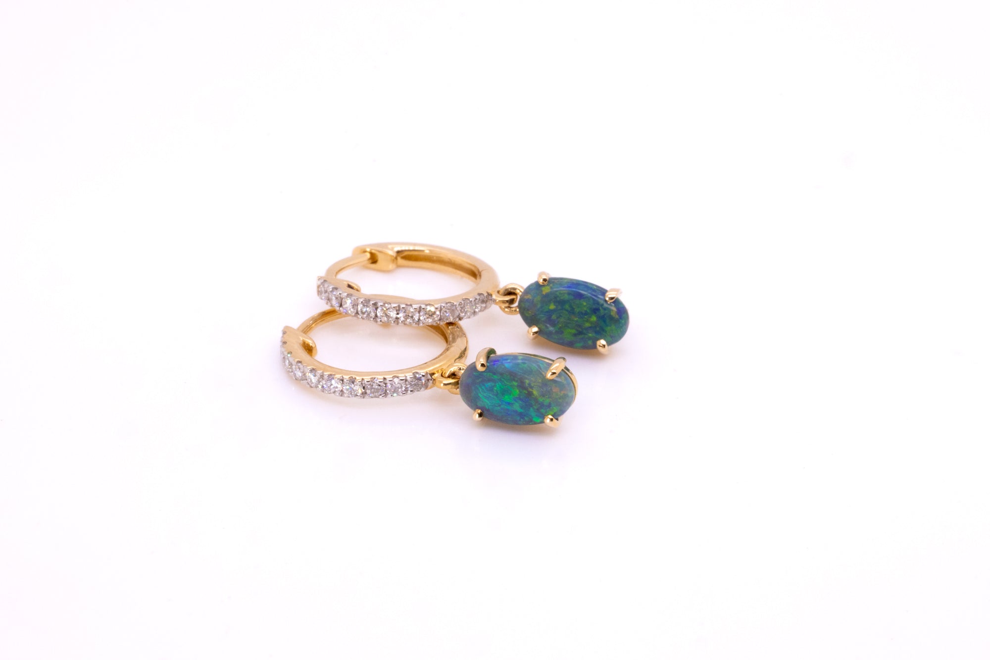 14kt Yellow Gold 0.85 ct Black Opal Diamond Hoop Earrings