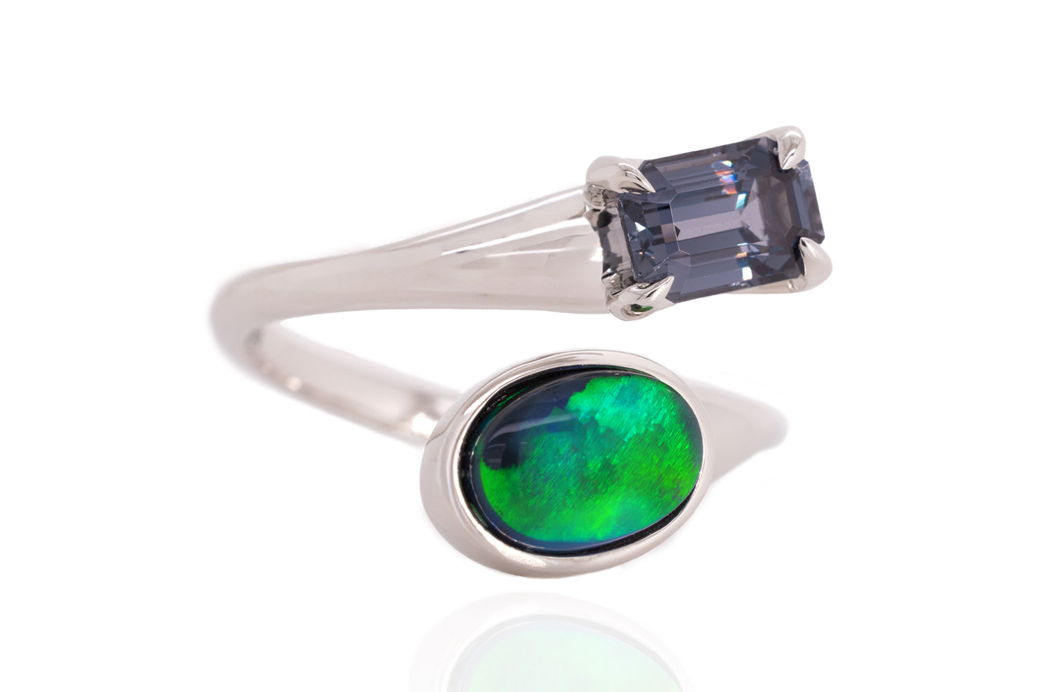 Spirit Platinum Ring — black opal & grey spinel