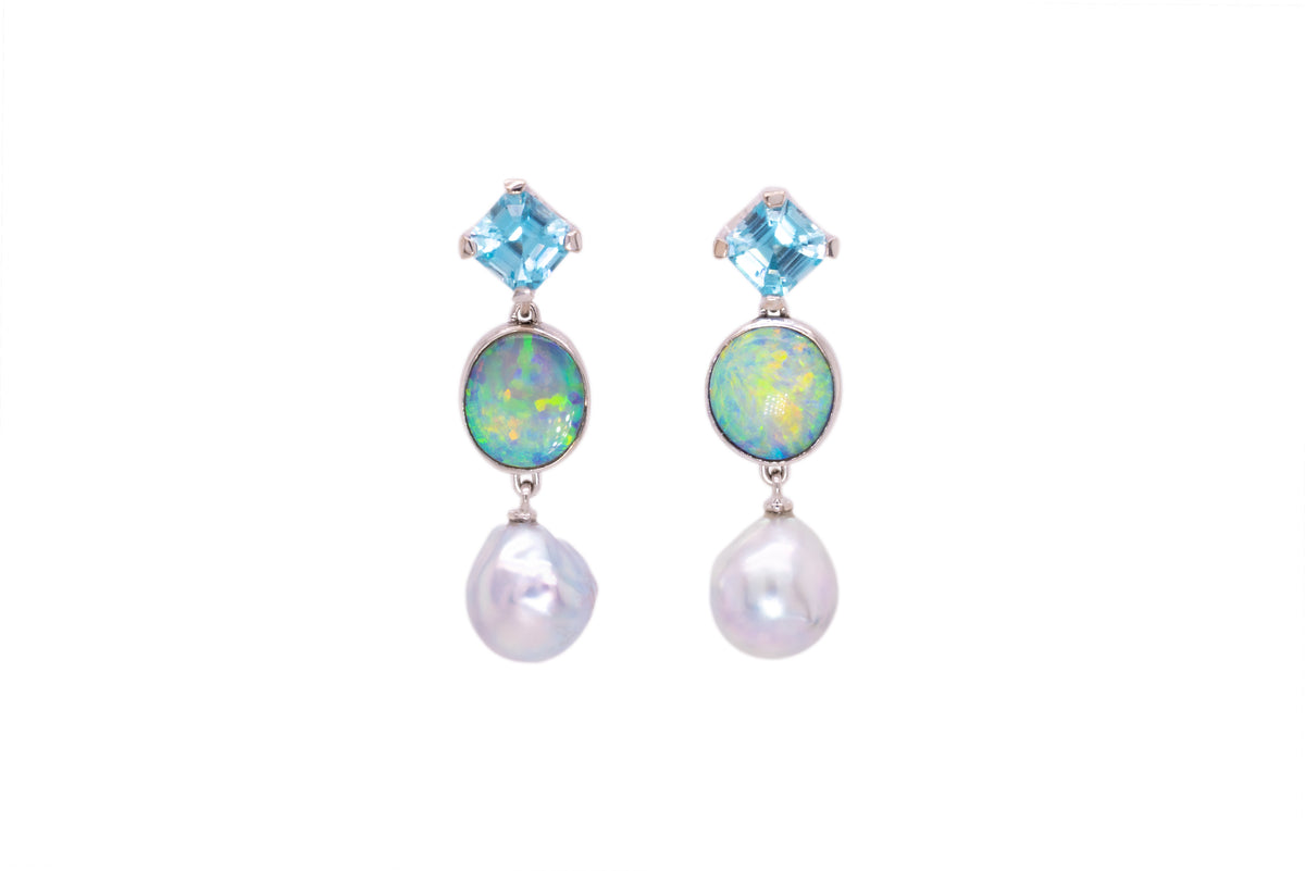 Pacifica — 18kt White Gold Dark Opal, Pearl & Blue Zircon Drop Earrings