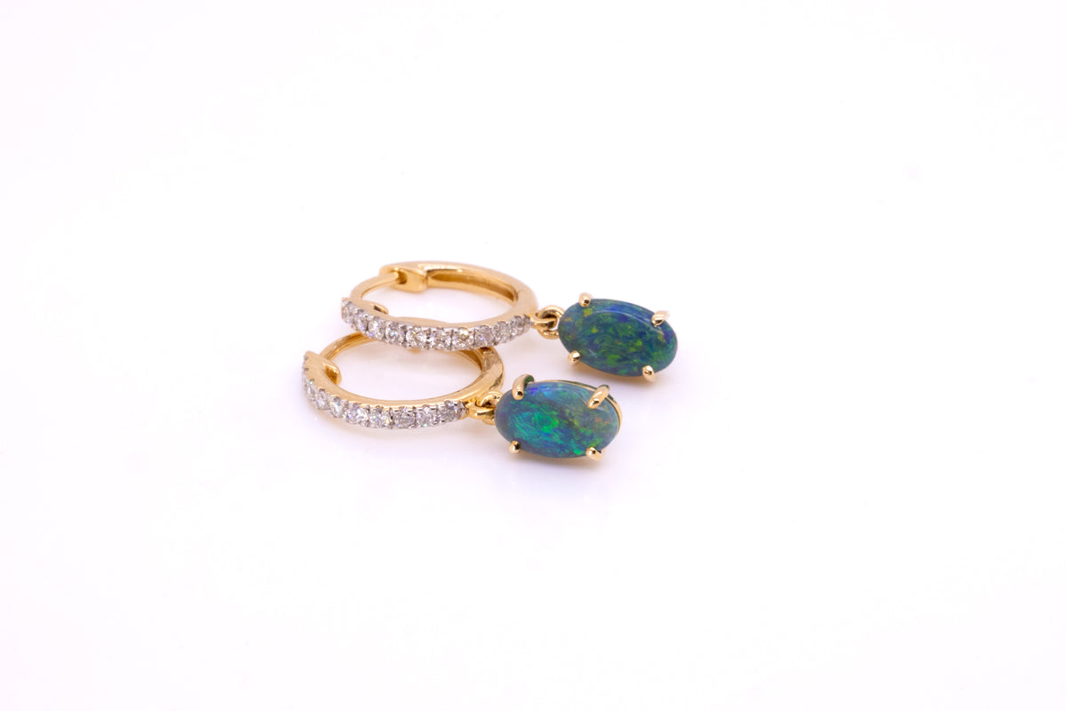 14kt Yellow Gold 0.85 ct Black Opal Diamond Hoop Earrings